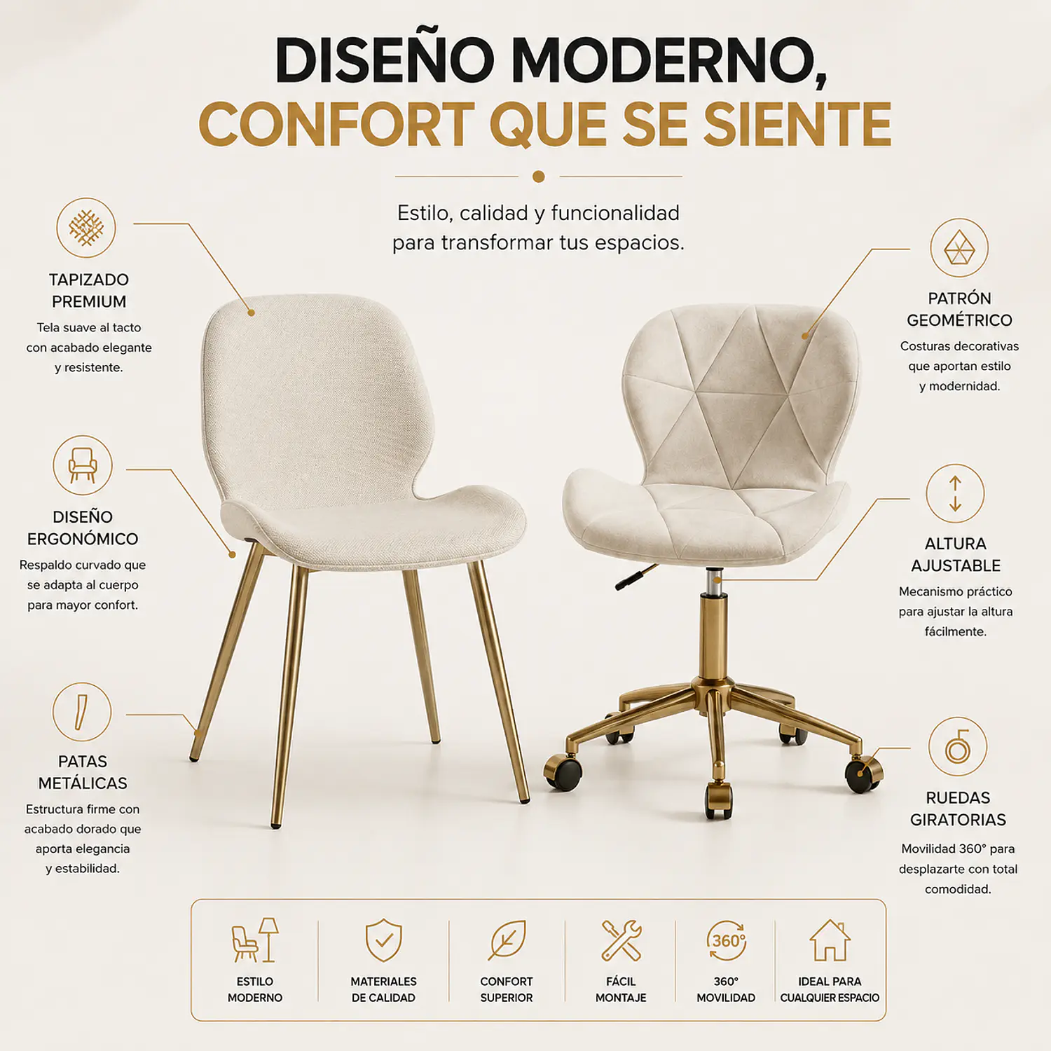 Set de 2 Sillas Modernas Fiori Radar y Lino Base Dorada  2