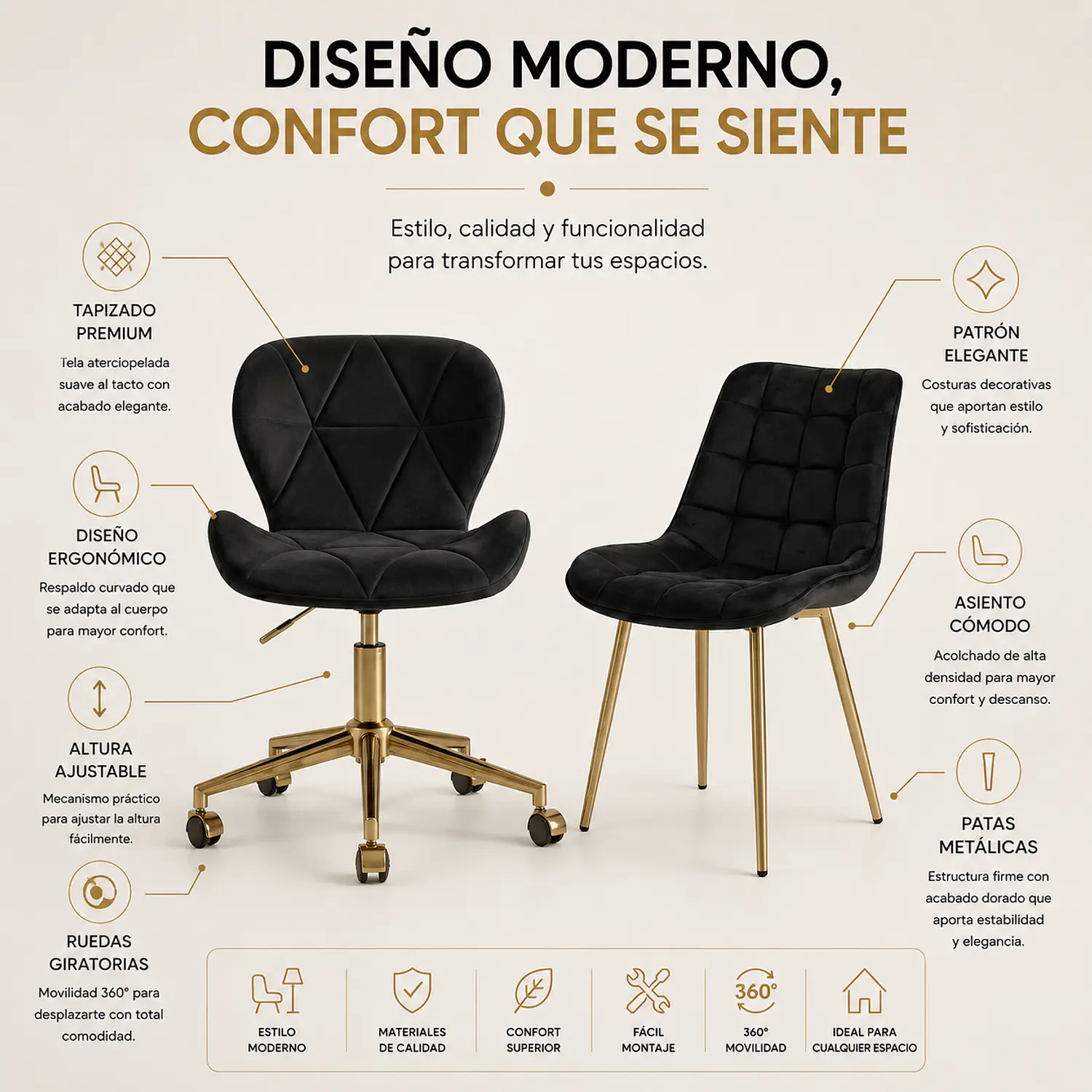 Set 2 Sillas Base Dorada Fiori Radar y Patas Doradas 2