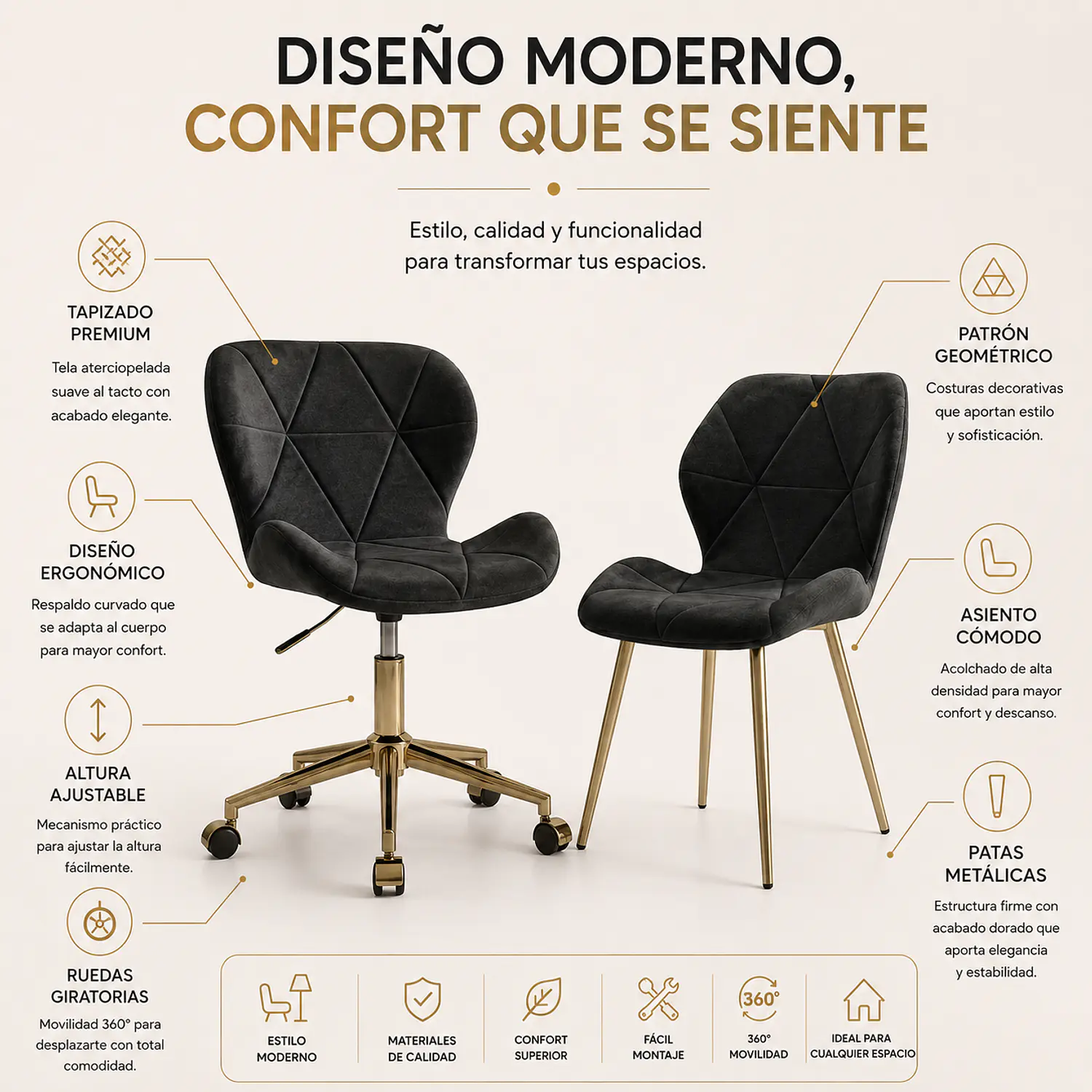Set de 2 Sillas Fiori Felpa con Base y Patas Doradas 2