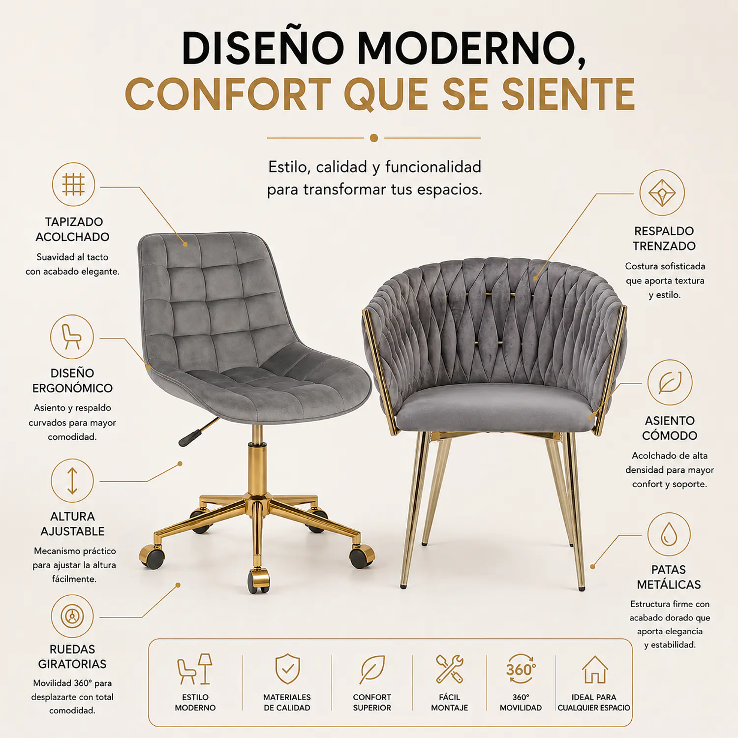 Set 2 Sillas Felpa Doradas Margaret y Capitoné Modernas 2