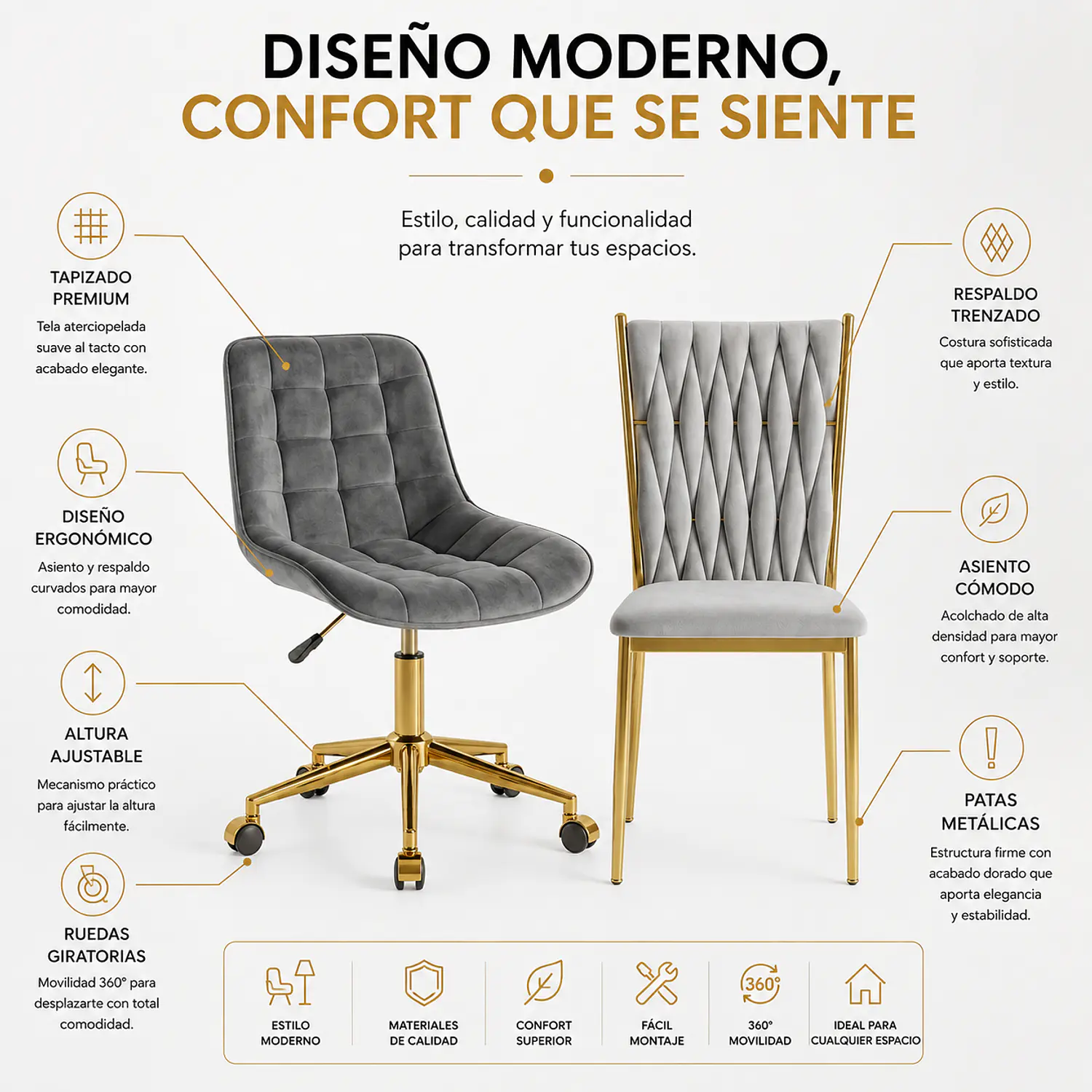 Set 2 Sillas Velvet Doradas King y Capitoné con Ruedas Gold 2