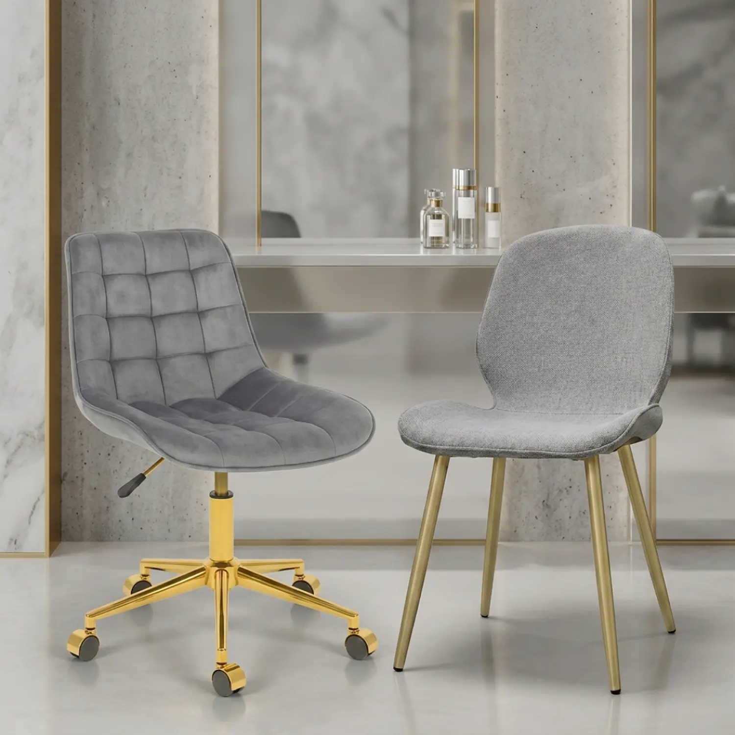 Set 2 Sillas Gold Premium Capitoné y Lino con Patas Doradas 1