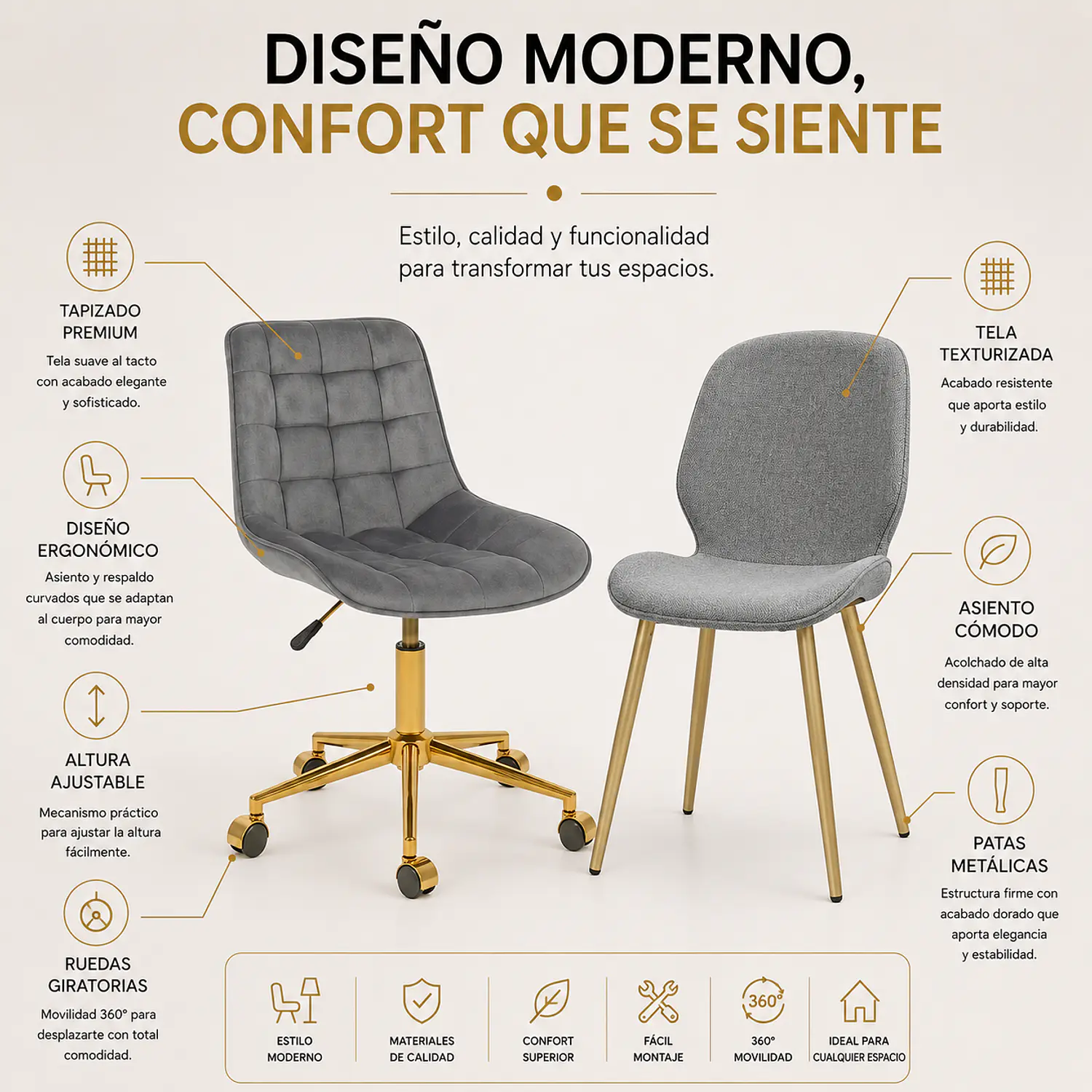 Set 2 Sillas Gold Premium Capitoné y Lino con Patas Doradas 2