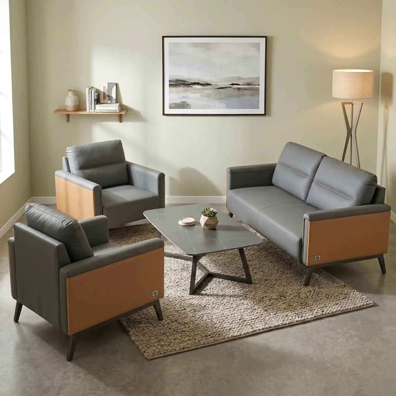 Juego de Living Gris Moderno 3 Piezas Sofá 2 Cuerpos y 2 Sillones 1