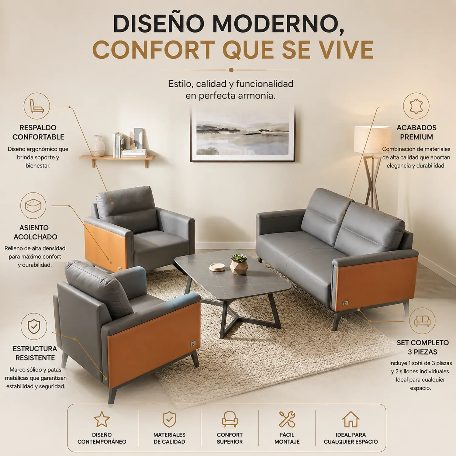 Juego de Living Gris Moderno 3 Piezas Sofá 2 Cuerpos y 2 Sillones 2