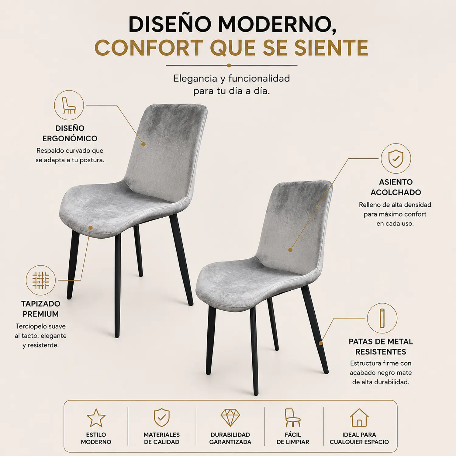 Set de 2 Sillas Oslo Velvet Pata Negra para Comedor 2