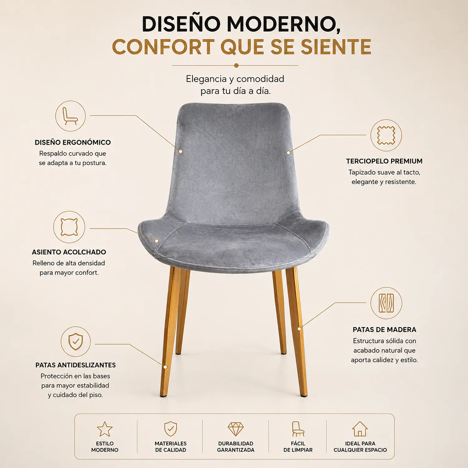 Silla Comedor Oslo Velvet Patas Doradas Moderna 2