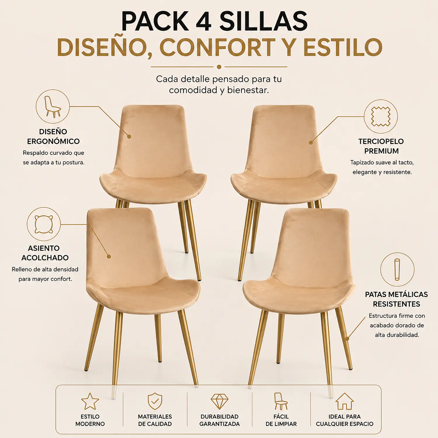 Set 4 Sillas Oslo Velvet Patas Doradas para Comedor 2