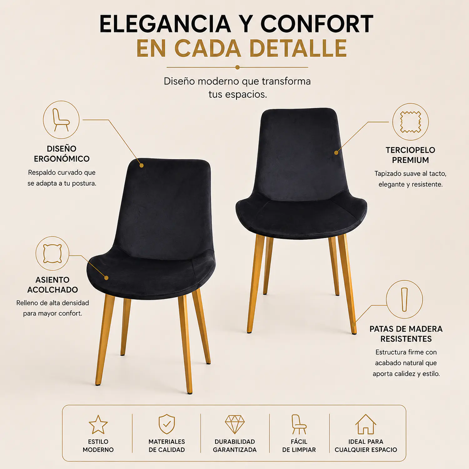 Set de 2 Sillas Oslo Velvet con Patas Doradas para Comedor 2