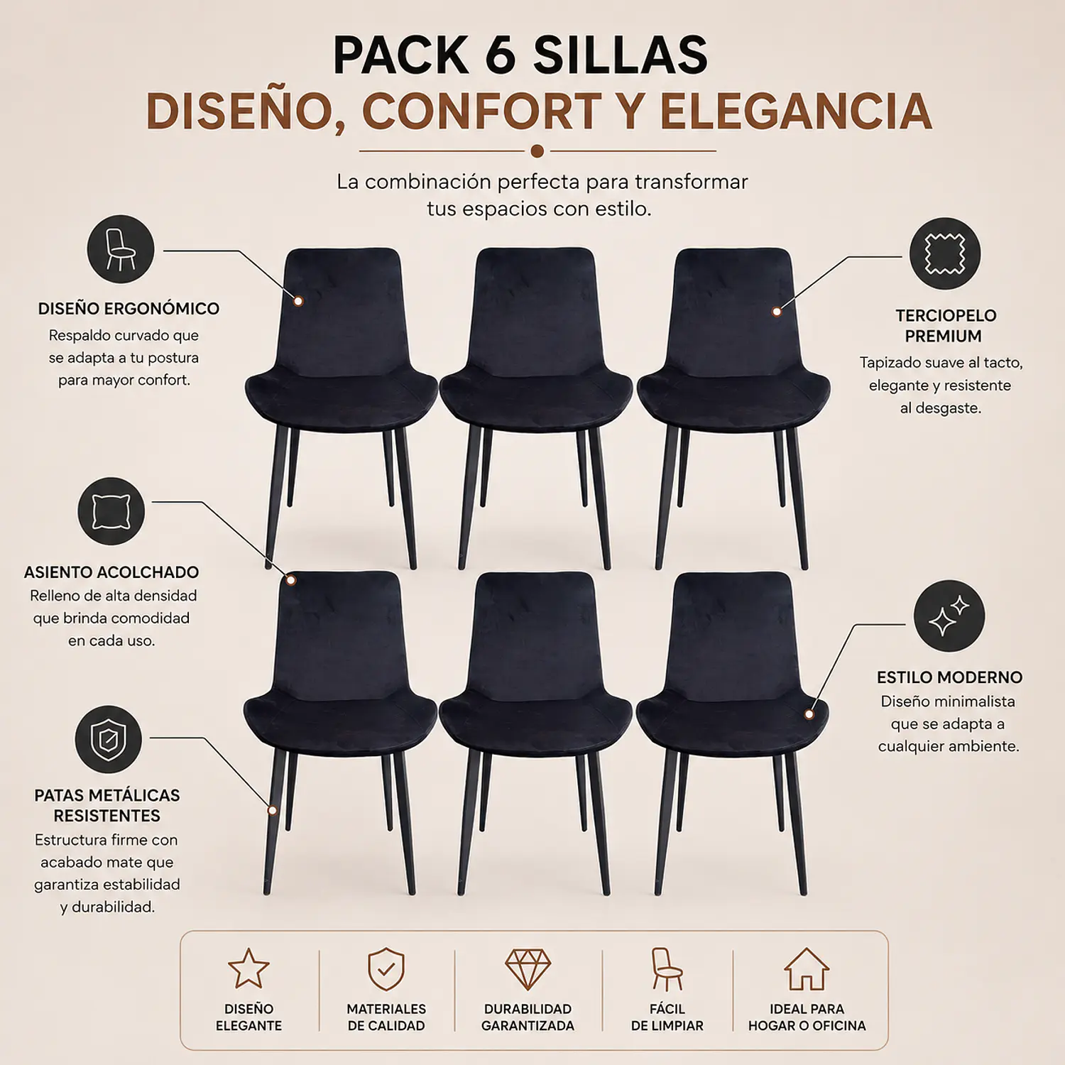 Set de 6 Sillas Comedor Oslo Velvet Patas Negras Modernas 2