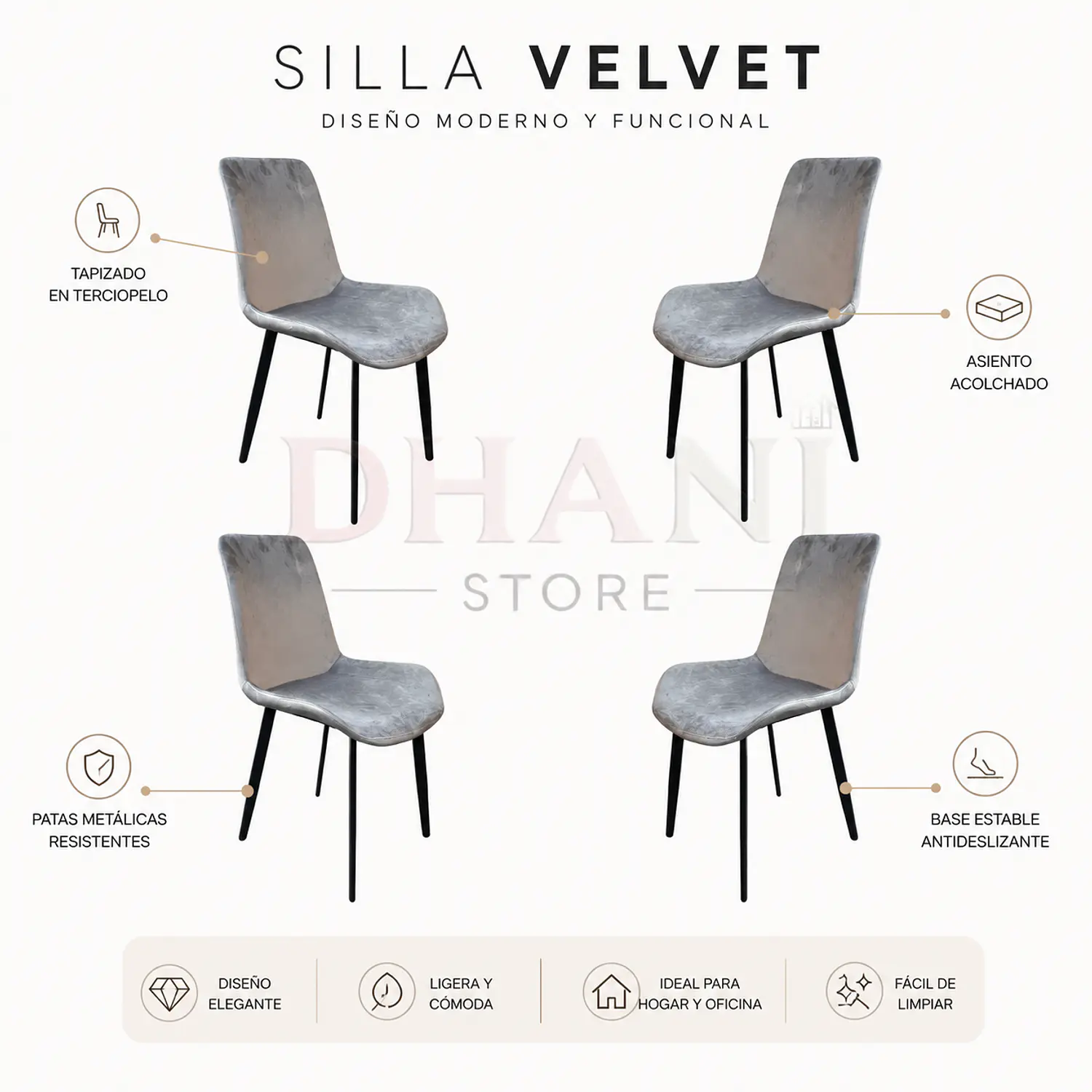 Set de 4 Sillas Oslo Velvet Tapizadas con Patas Negras 3