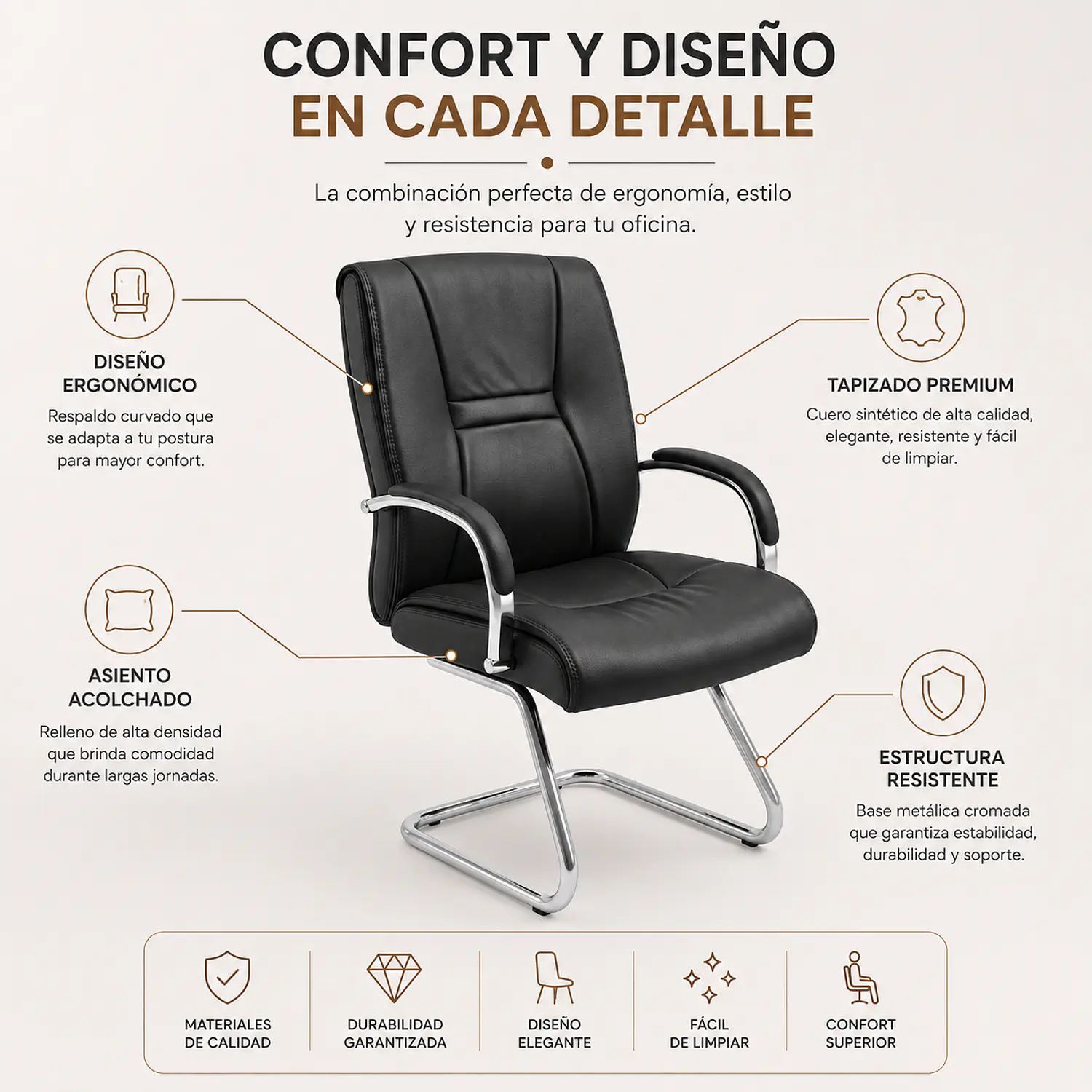 Silla de Visita Ejecutiva en Ecocuero Negro con Patas Cromadas 2