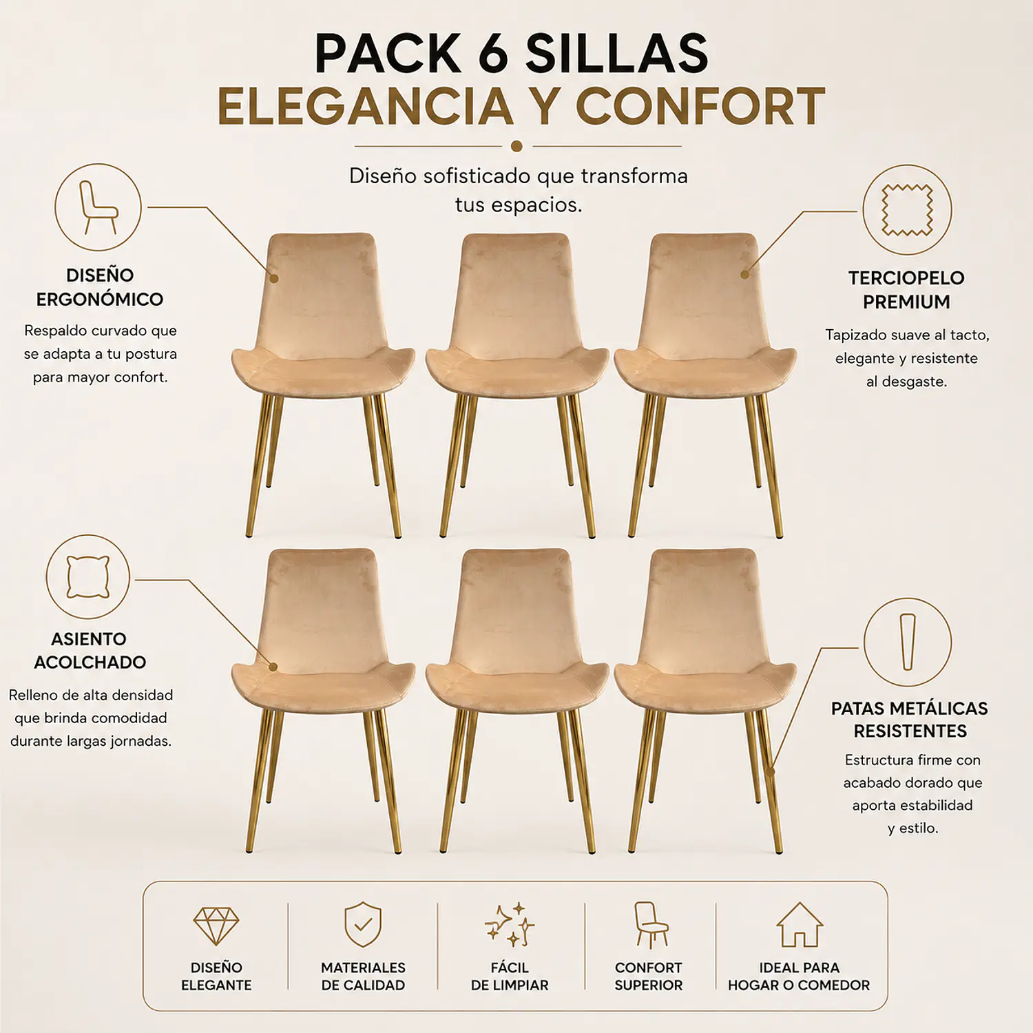 Set de 6 Sillas Oslo Velvet con Patas Doradas para Comedor 2
