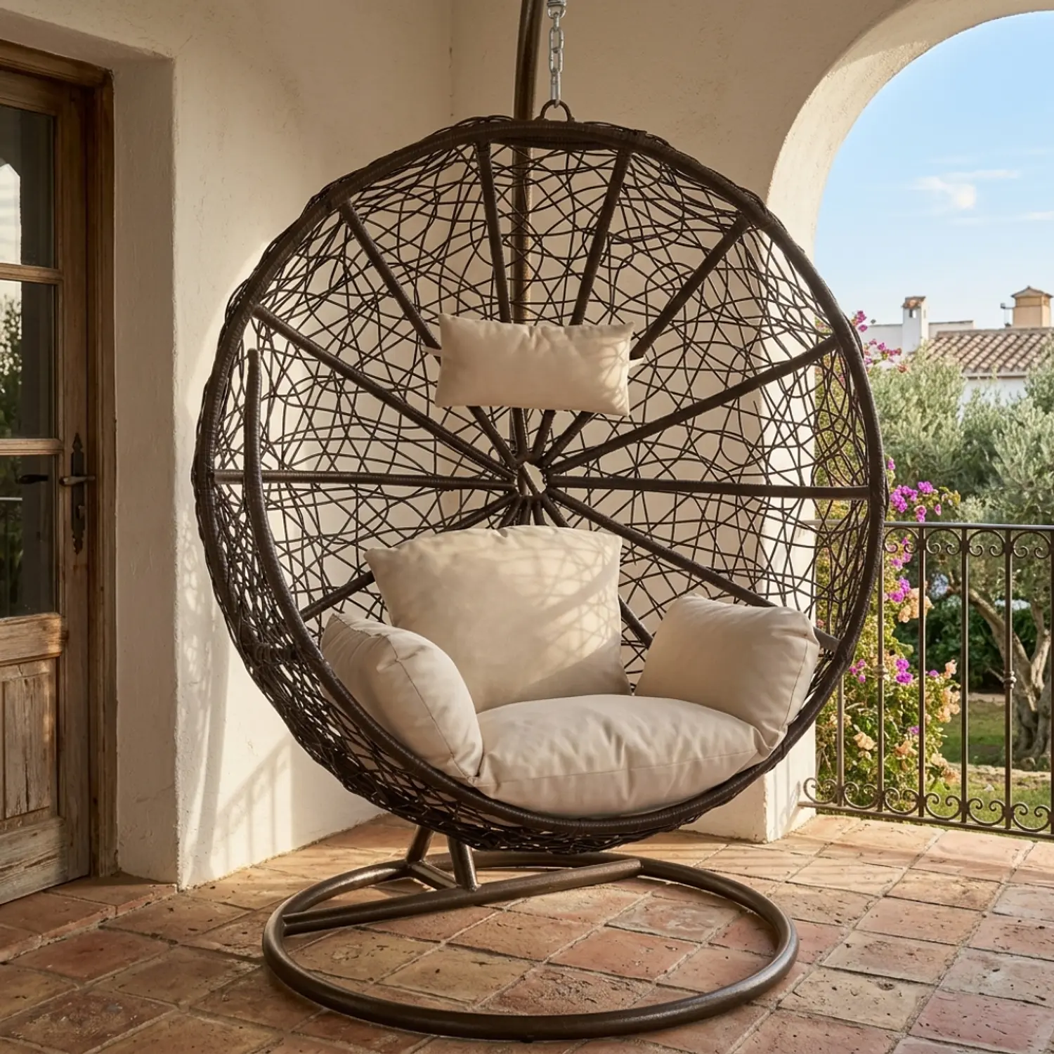 Silla Colgante de Ratán para Terraza Tejido Araña con Cojines 1