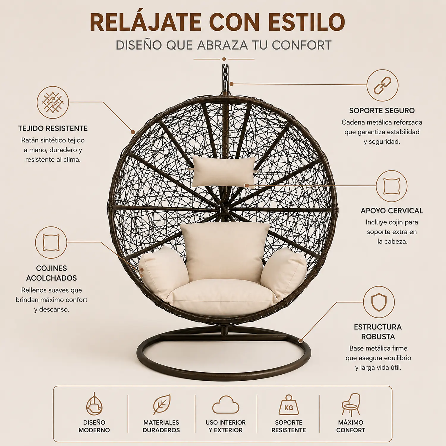 Silla Colgante de Ratán para Terraza Tejido Araña con Cojines 3