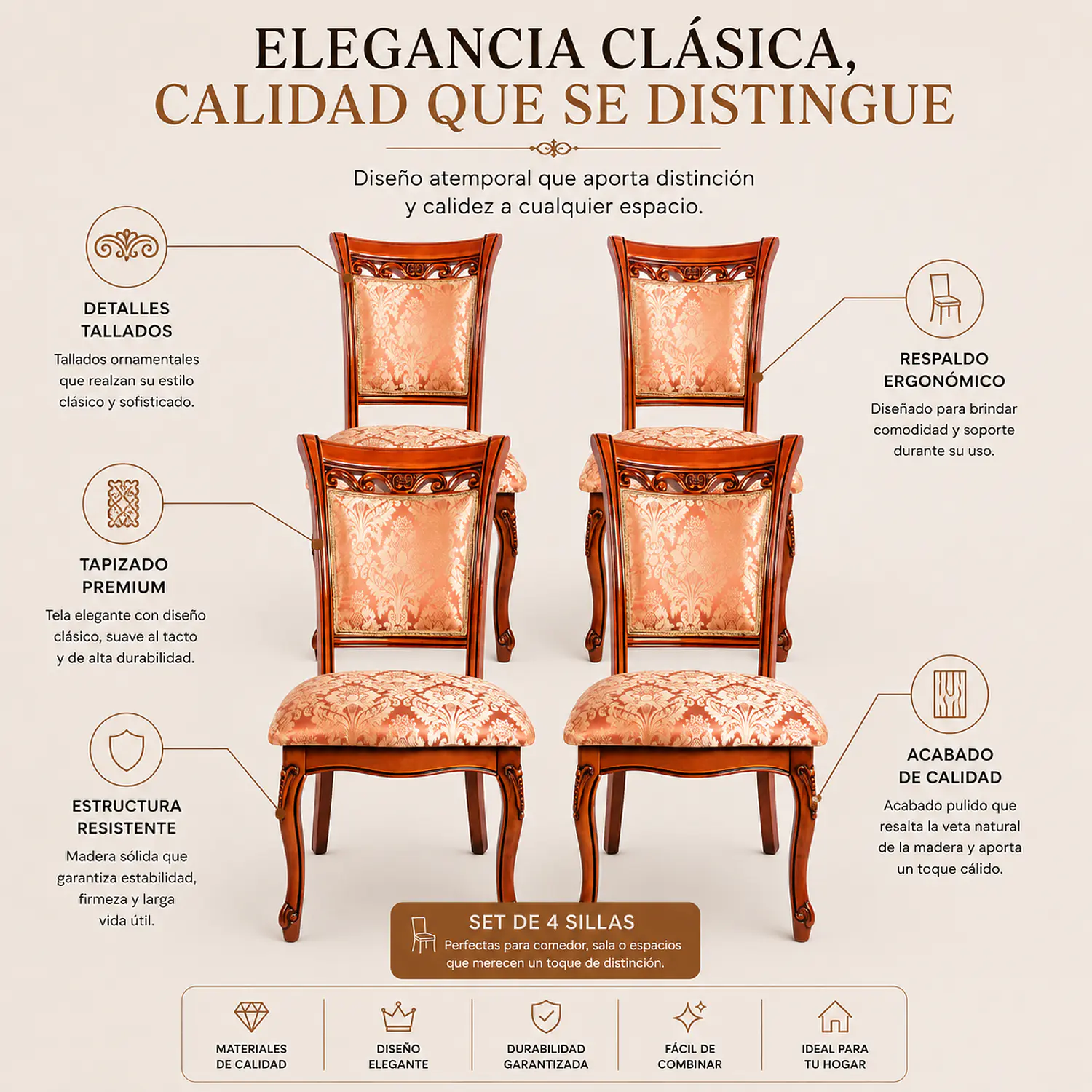 Set de 4 Sillas de Comedor Leticia de Madera Estampadas 2