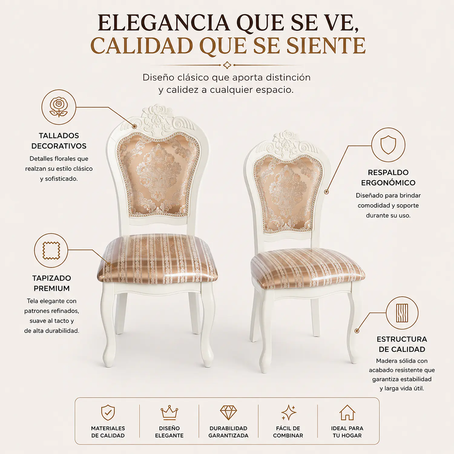 Set de 2 Sillas Mónaco Clásicas Blancas Tapizadas de Madera 2