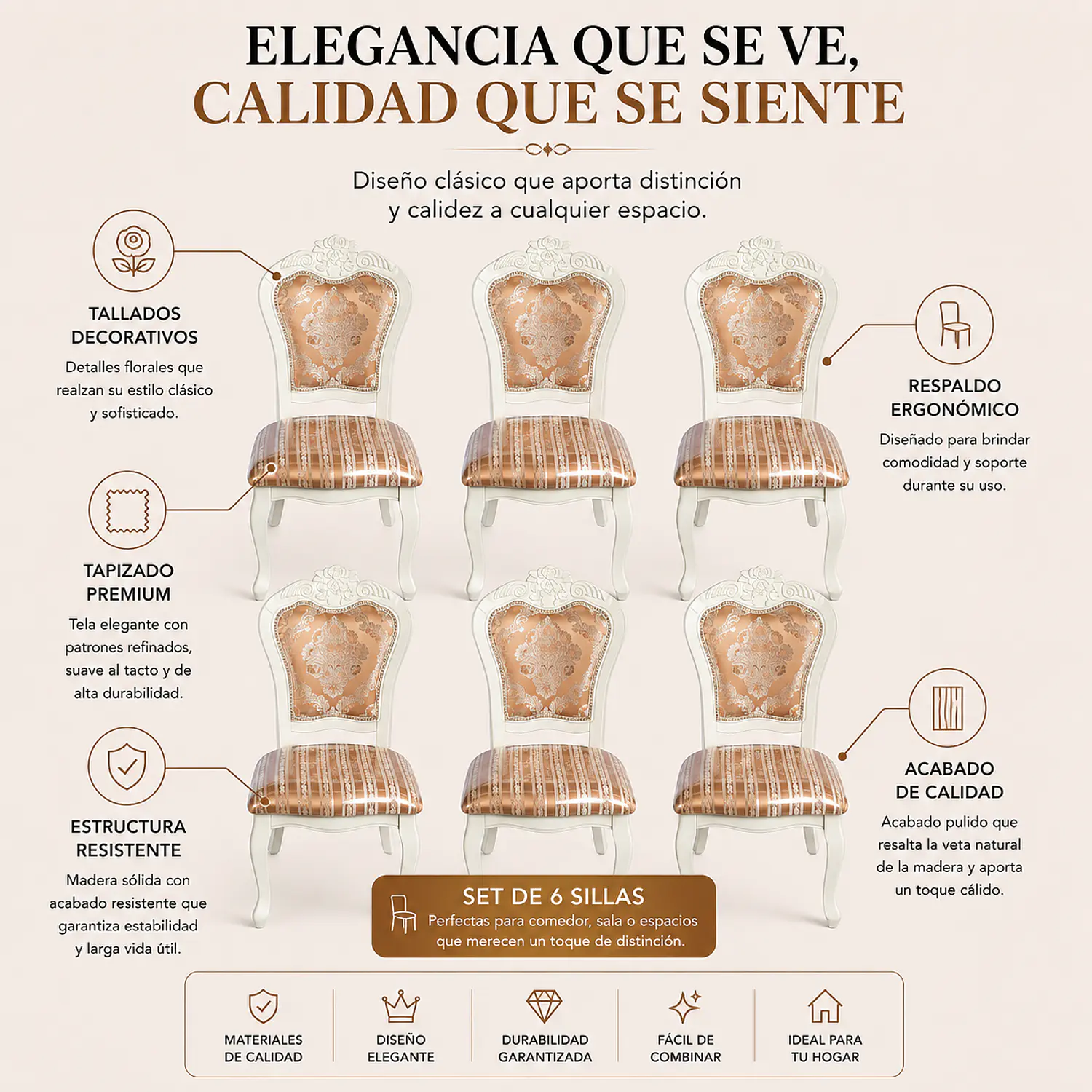 Set de 6 Sillas Mónaco Clásicas Blancas Tapizadas de Madera 2