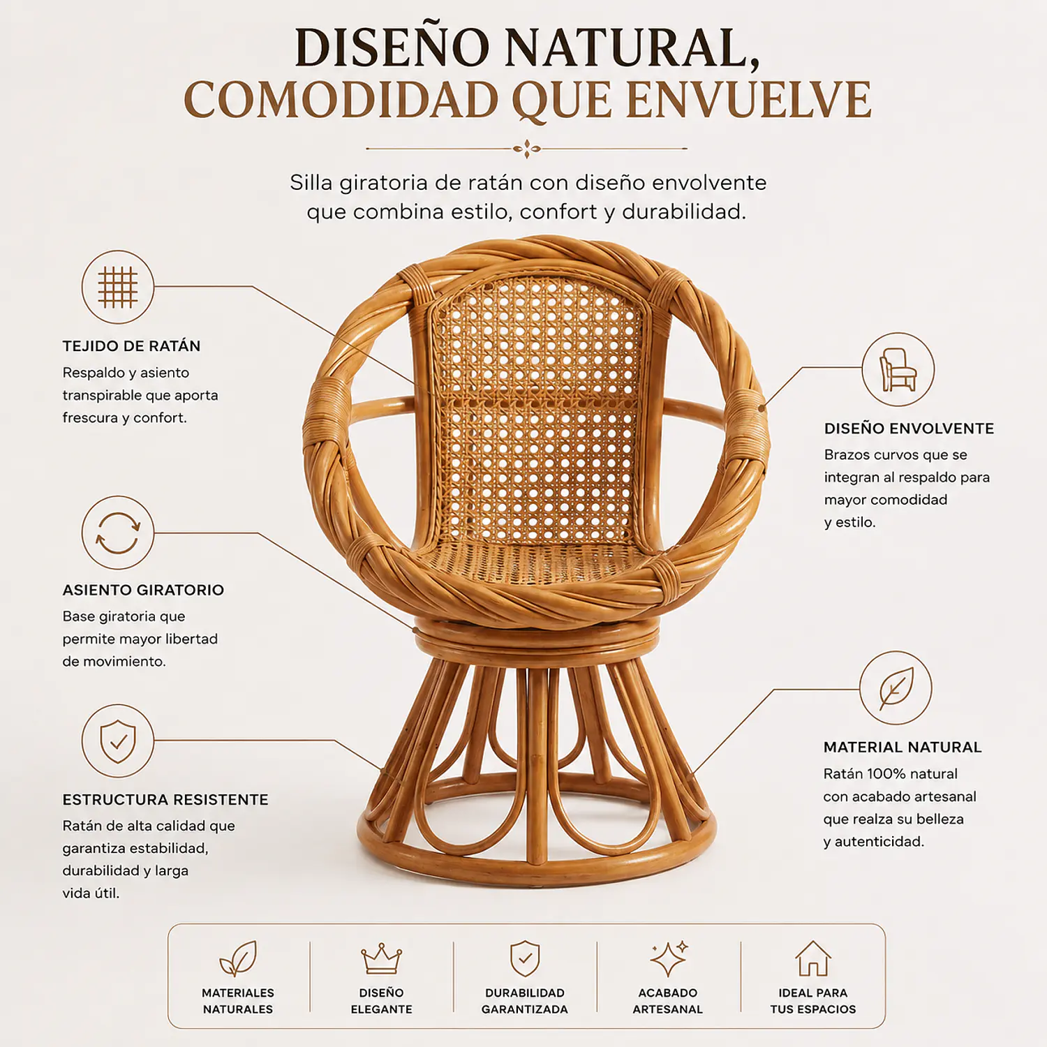 Silla de Ratán Zambia Natural Tejida para Living y Terraza 2