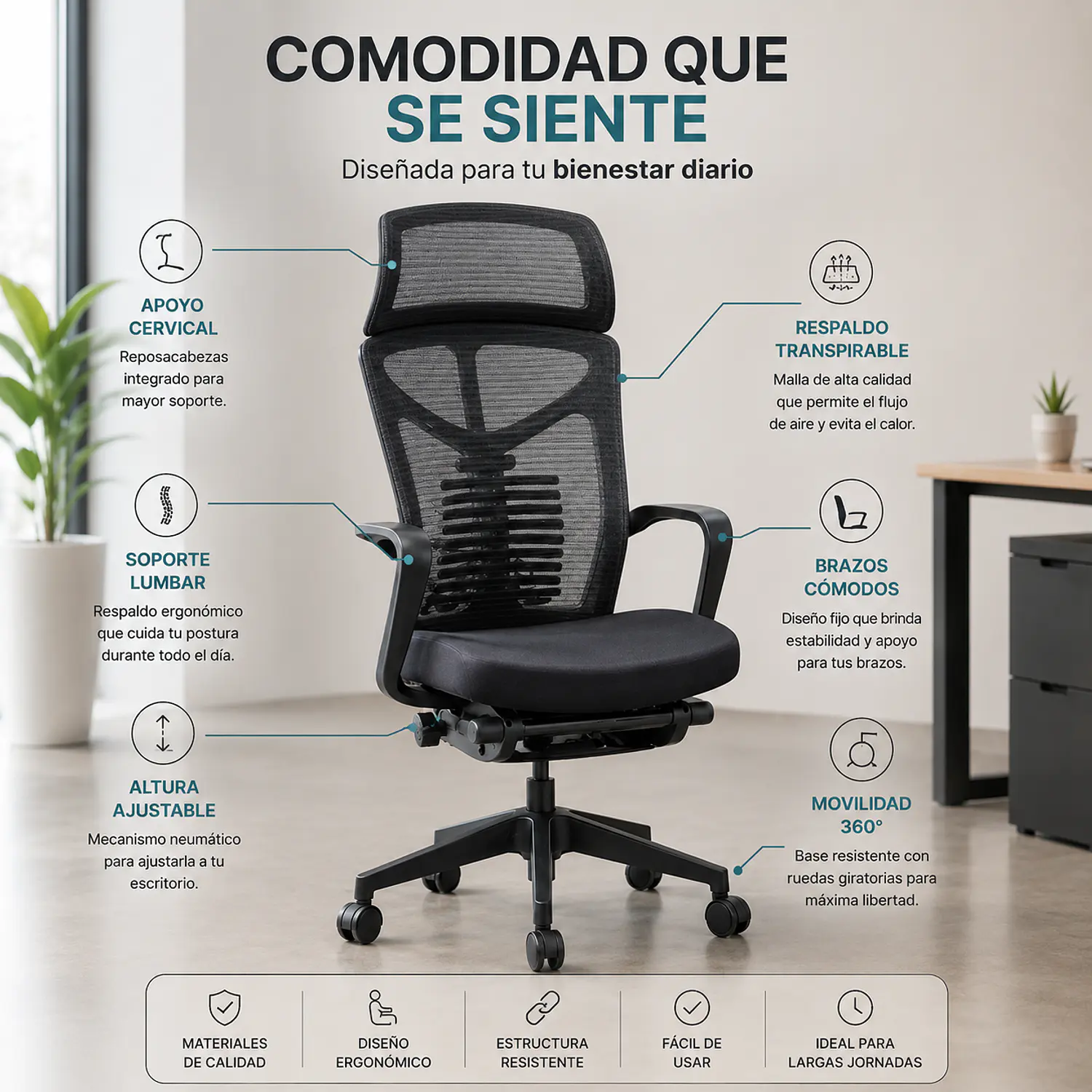 Silla de Escritorio Tropea Reclinable Apoyapiés 2