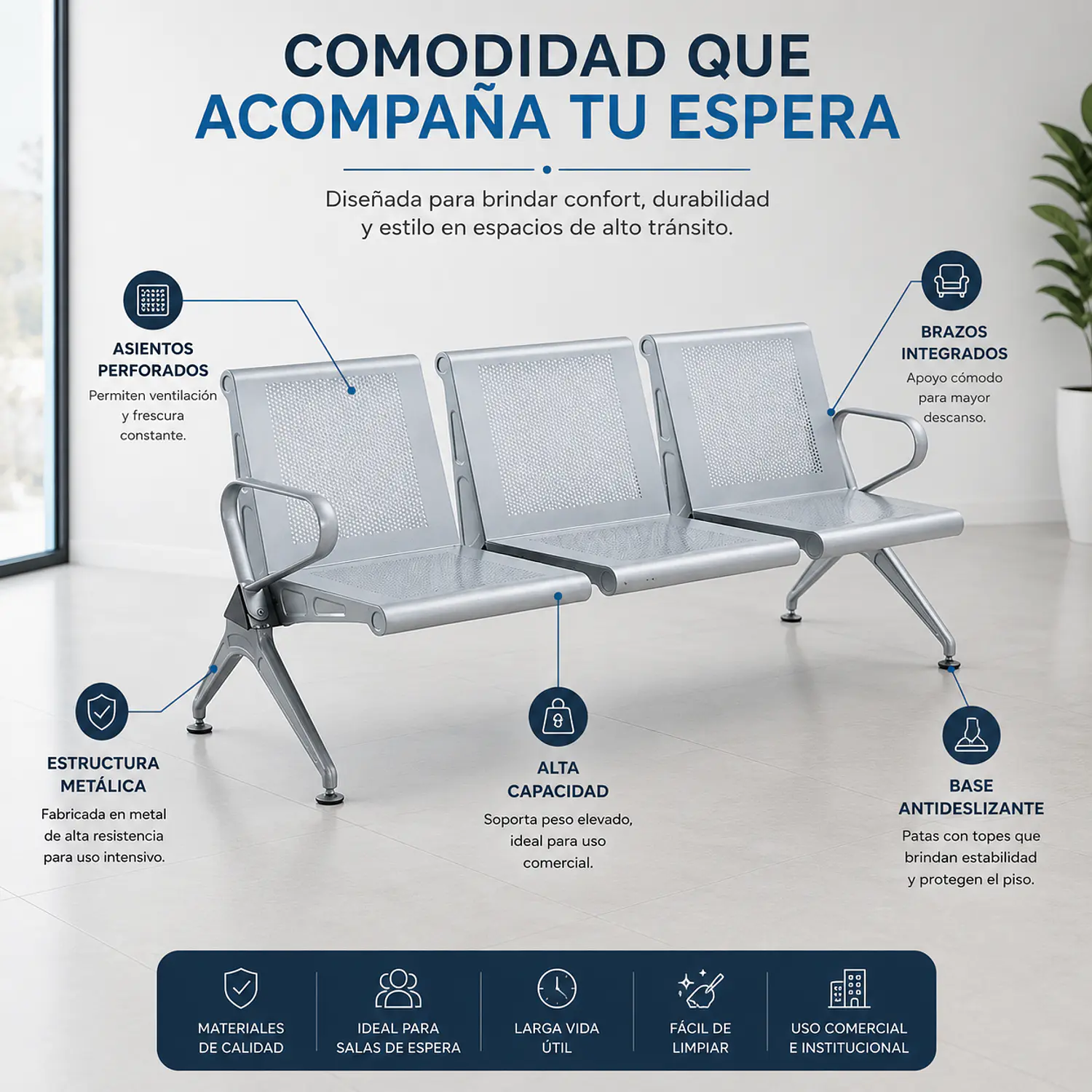 Banca de Espera Hannover 3 Puestos Metal Nova 2