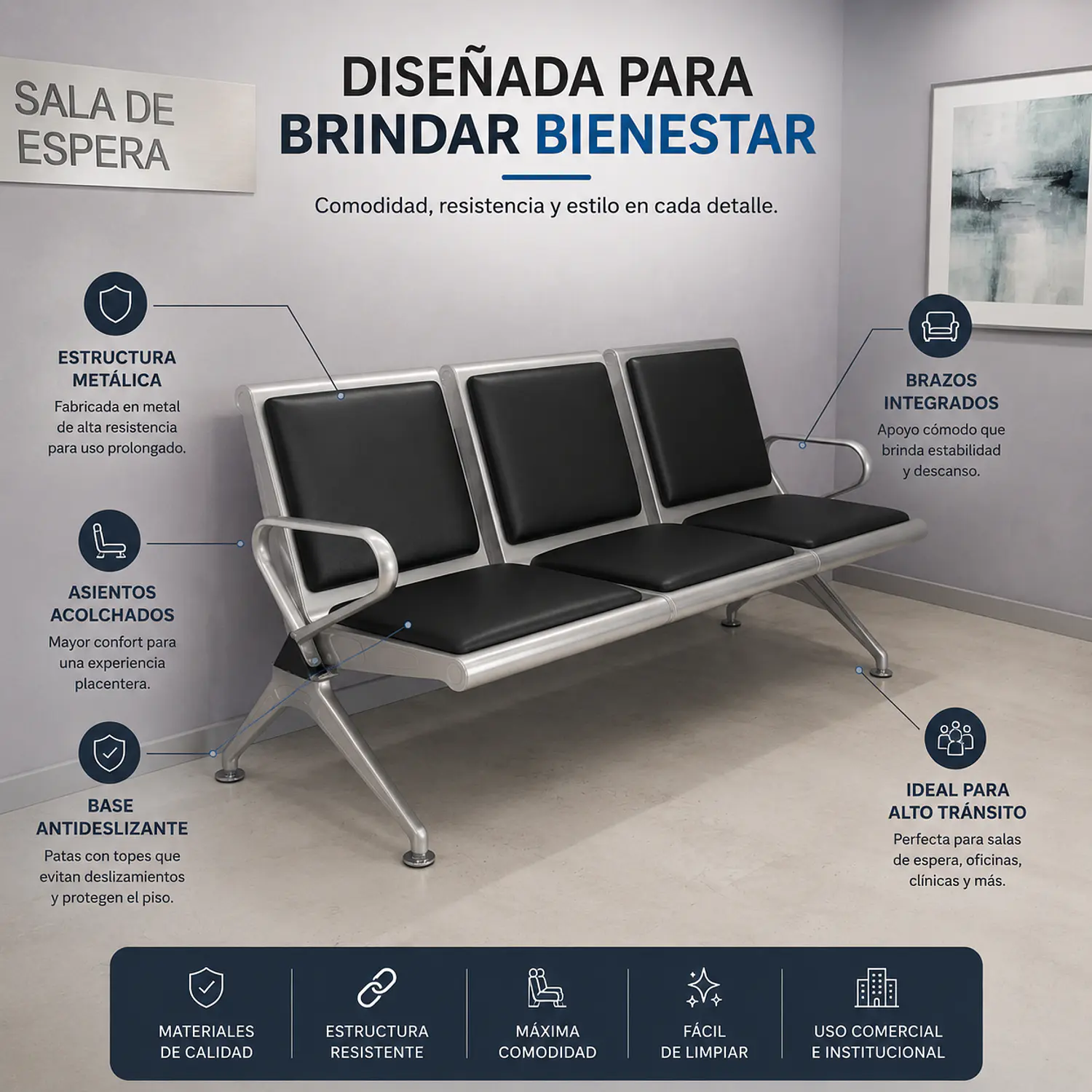 Banca de Espera Hamburgo 3 Plazas Metal Acolchada 2
