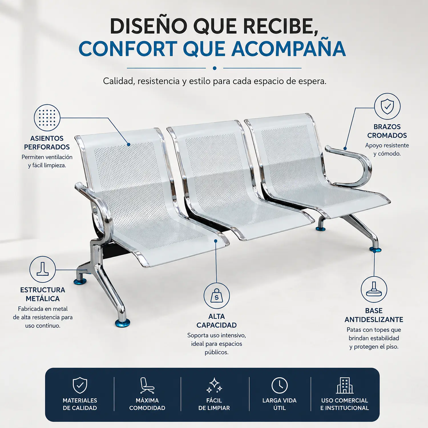 Banca de Espera Leipzig 3 Puestos Metal Cromado 2