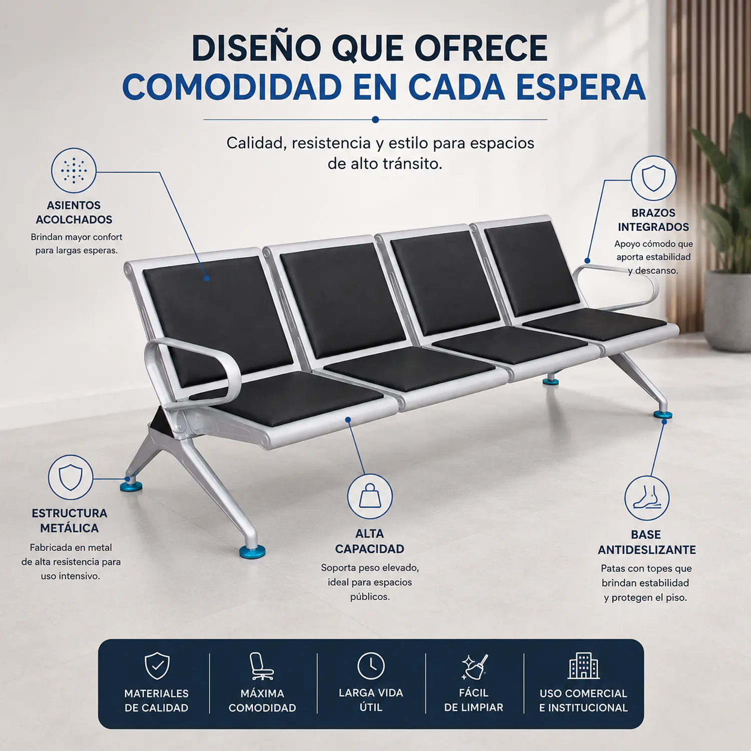Banca de Espera Essen 4 Puestos Metal Acolchada 2