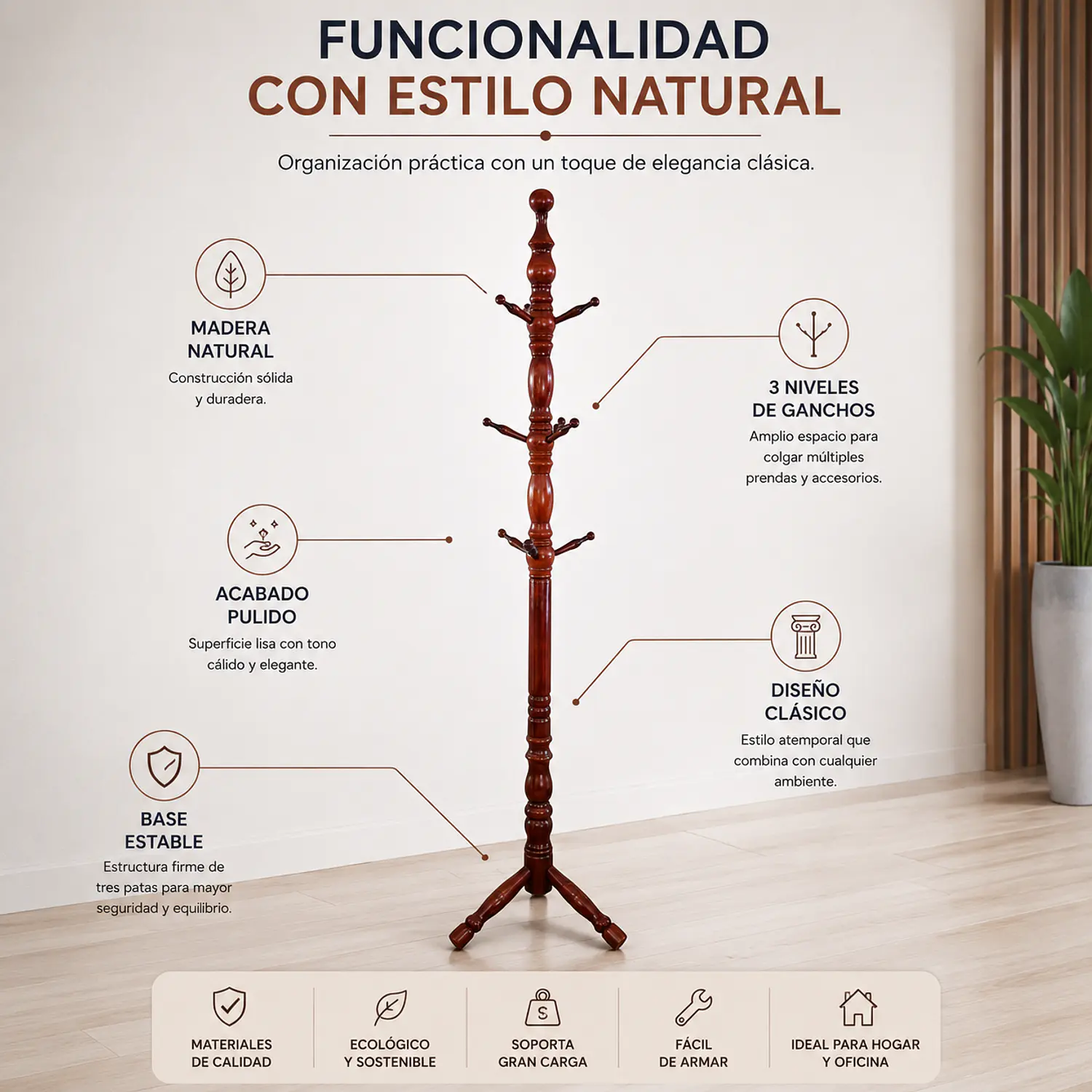 Perchero de Pie Amberes Clásico Madera para Oficina 2