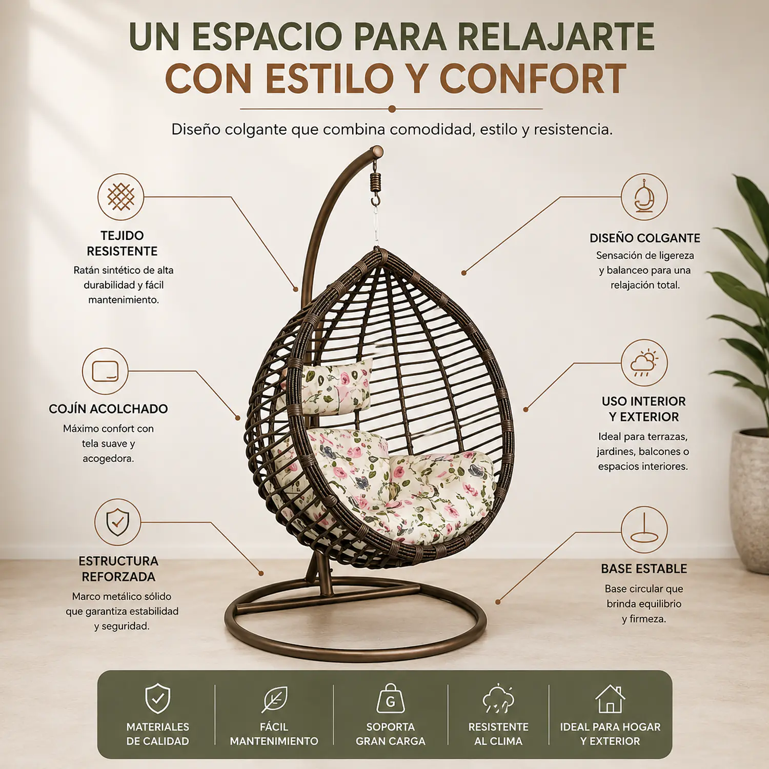 Silla Colgante Amarilis de Ratán Sintético para Terraza y Jardín 2