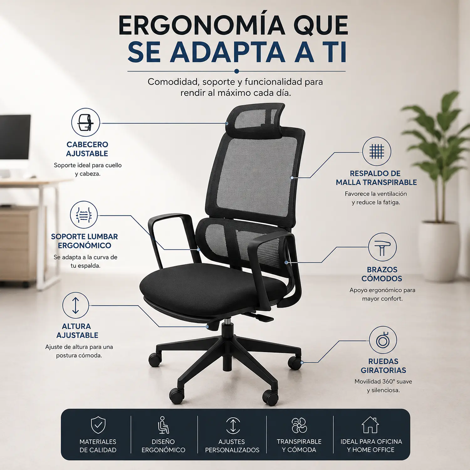 Silla de Oficina Profesional Ergonómica Ejecutiva con Respaldo Alto y Apoyacabeza 2