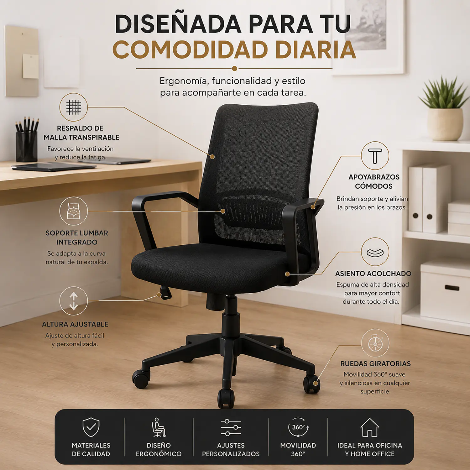 Silla de Oficina Florencia Malla Negra con Soporte 2