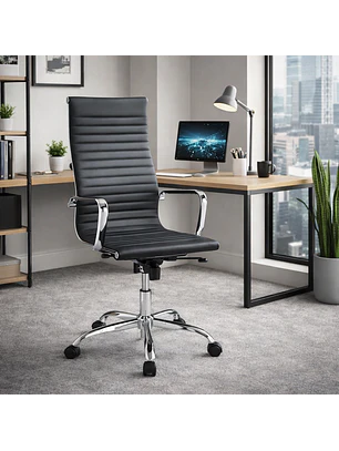 Silla de Oficina Ejecutiva Negra con Brazos Cromados y Ruedas