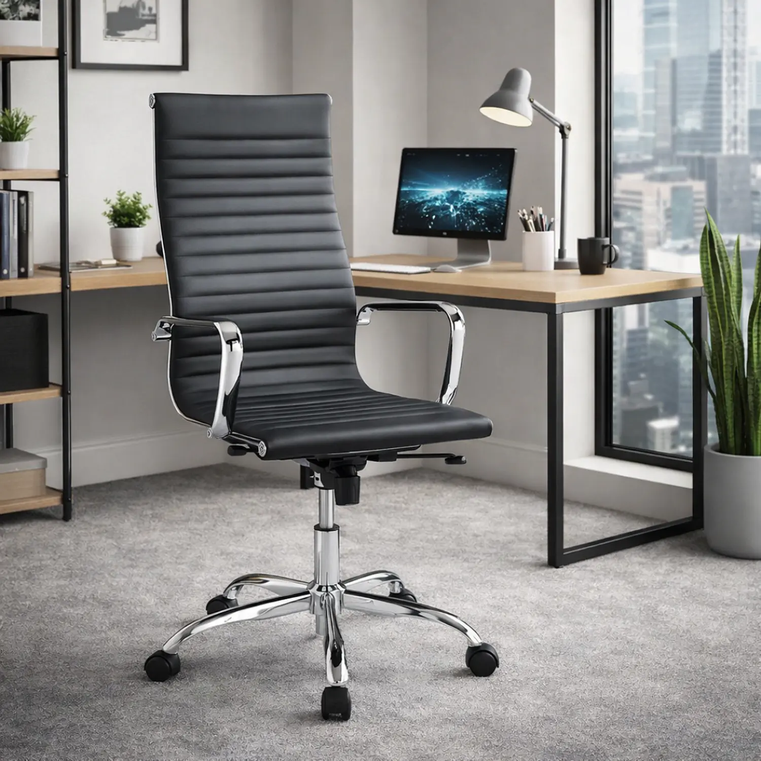 Silla de Oficina Ejecutiva Negra con Brazos Cromados y Ruedas 1