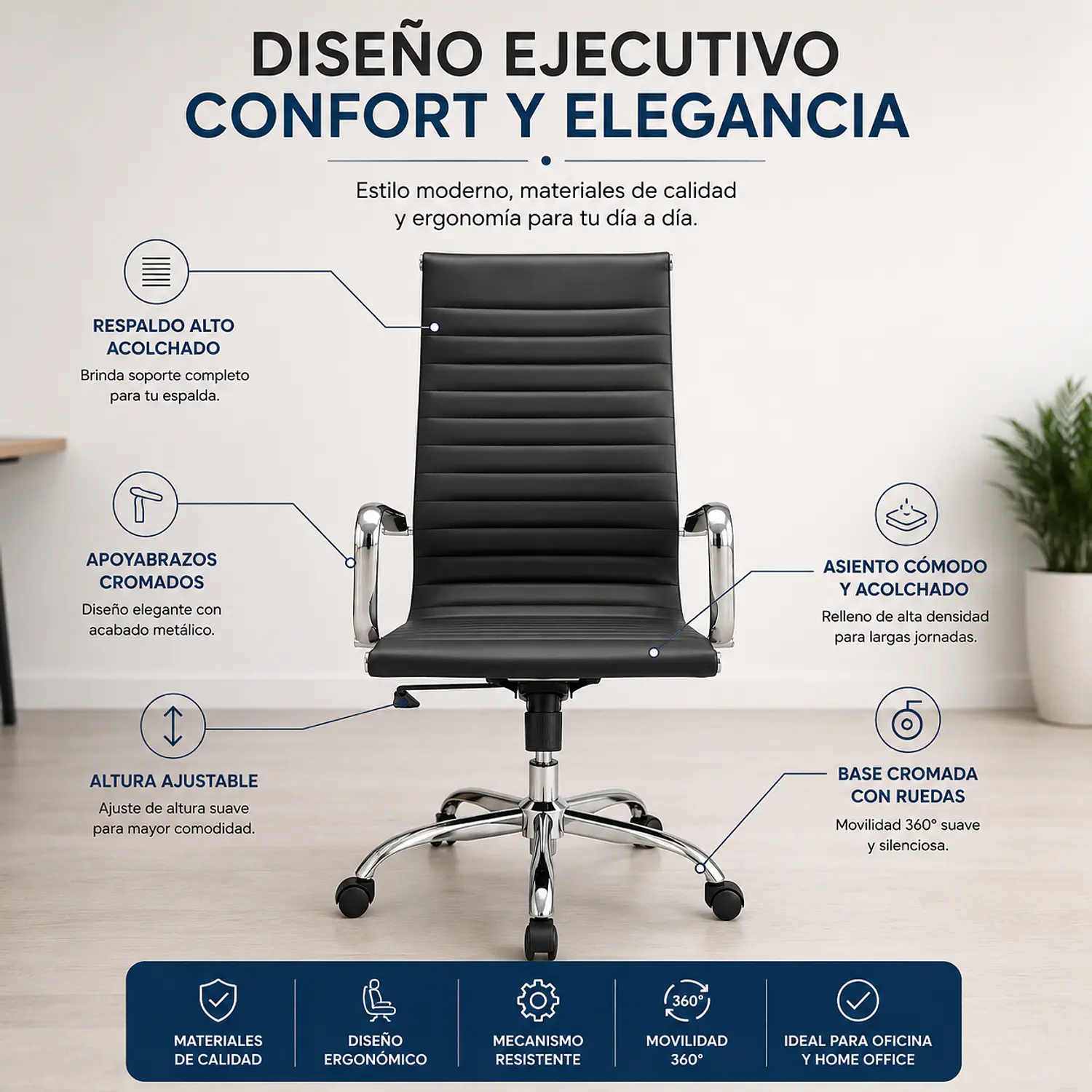 Silla de Oficina Ejecutiva Negra con Brazos Cromados y Ruedas 2