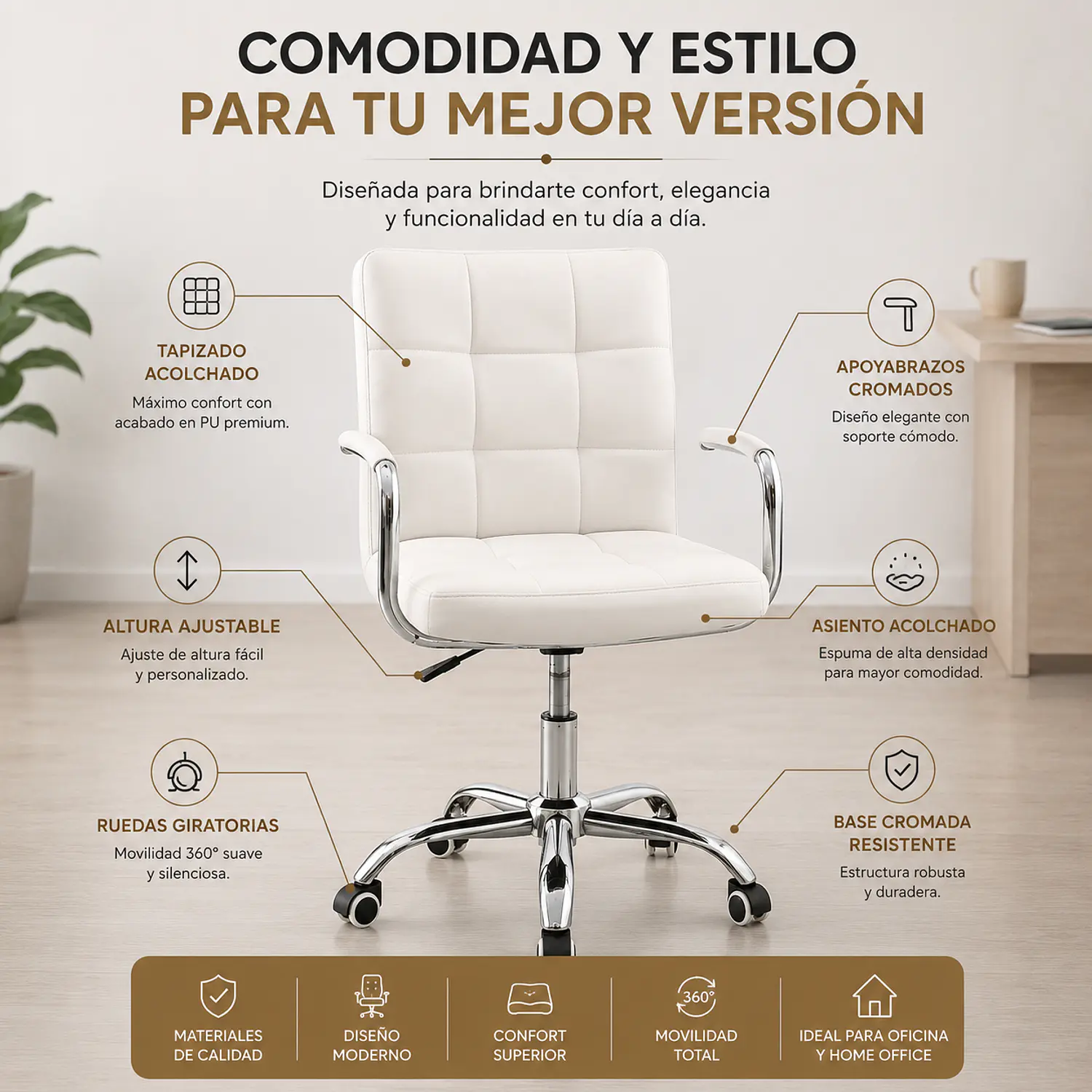 Silla de Manicure Valencia Giratoria Blanca con Ruedas 2