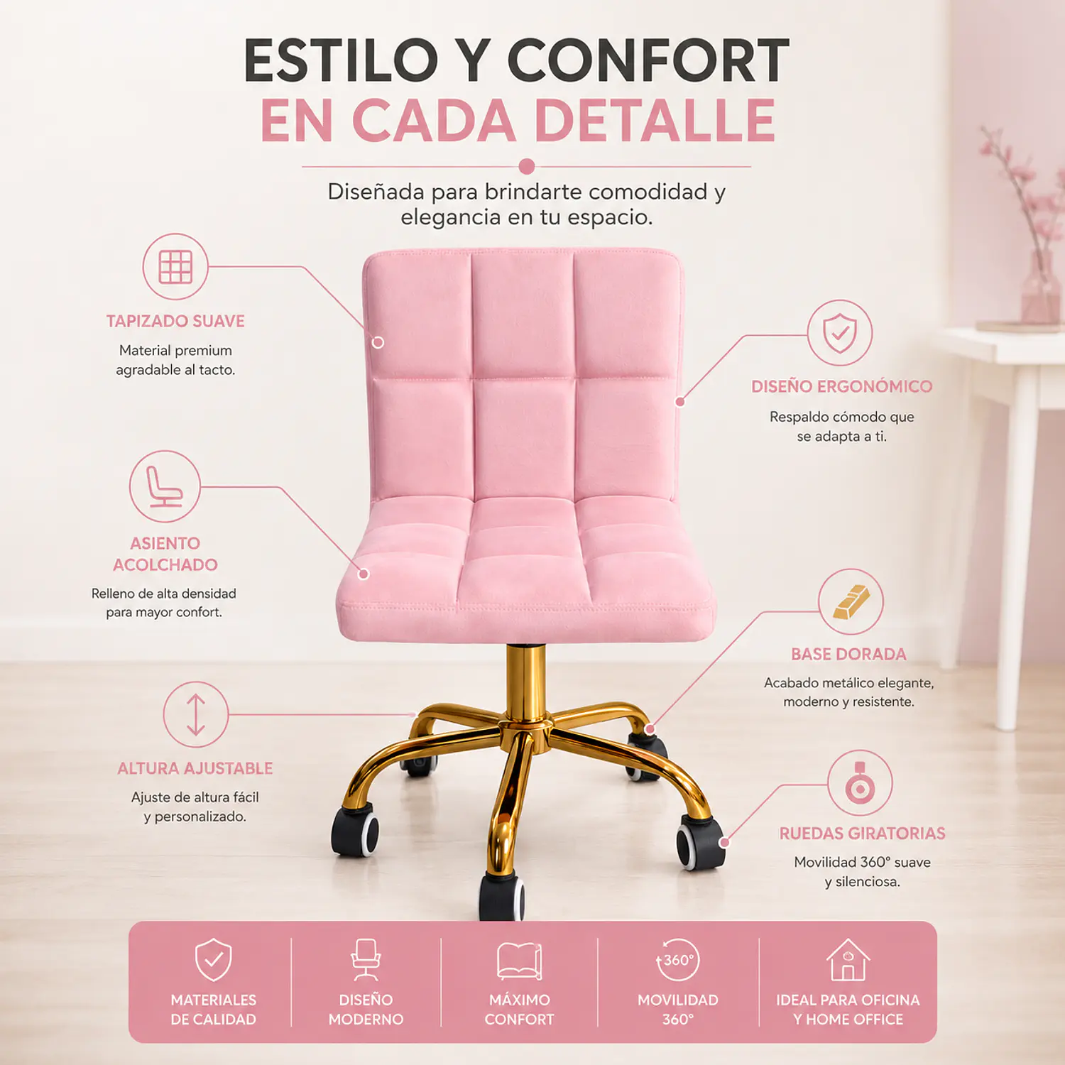 Silla de Manicure Salou Rosada Ruedas Base Dorada 2