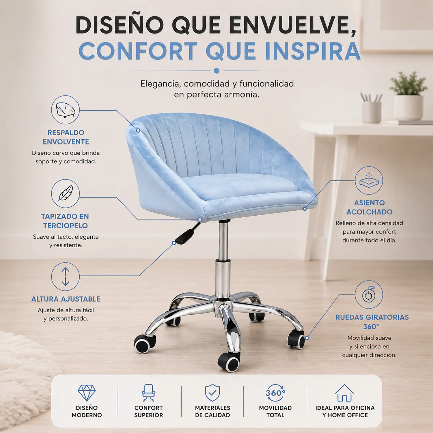 Silla de Manicure con Ruedas Tapizada – Silla Giratoria para Salón de Belleza 2