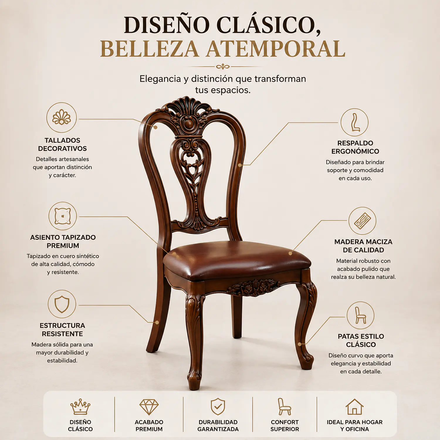 Silla de Comedor Versalles en Madera Caoba con Asiento de Cuero Acolchado 2