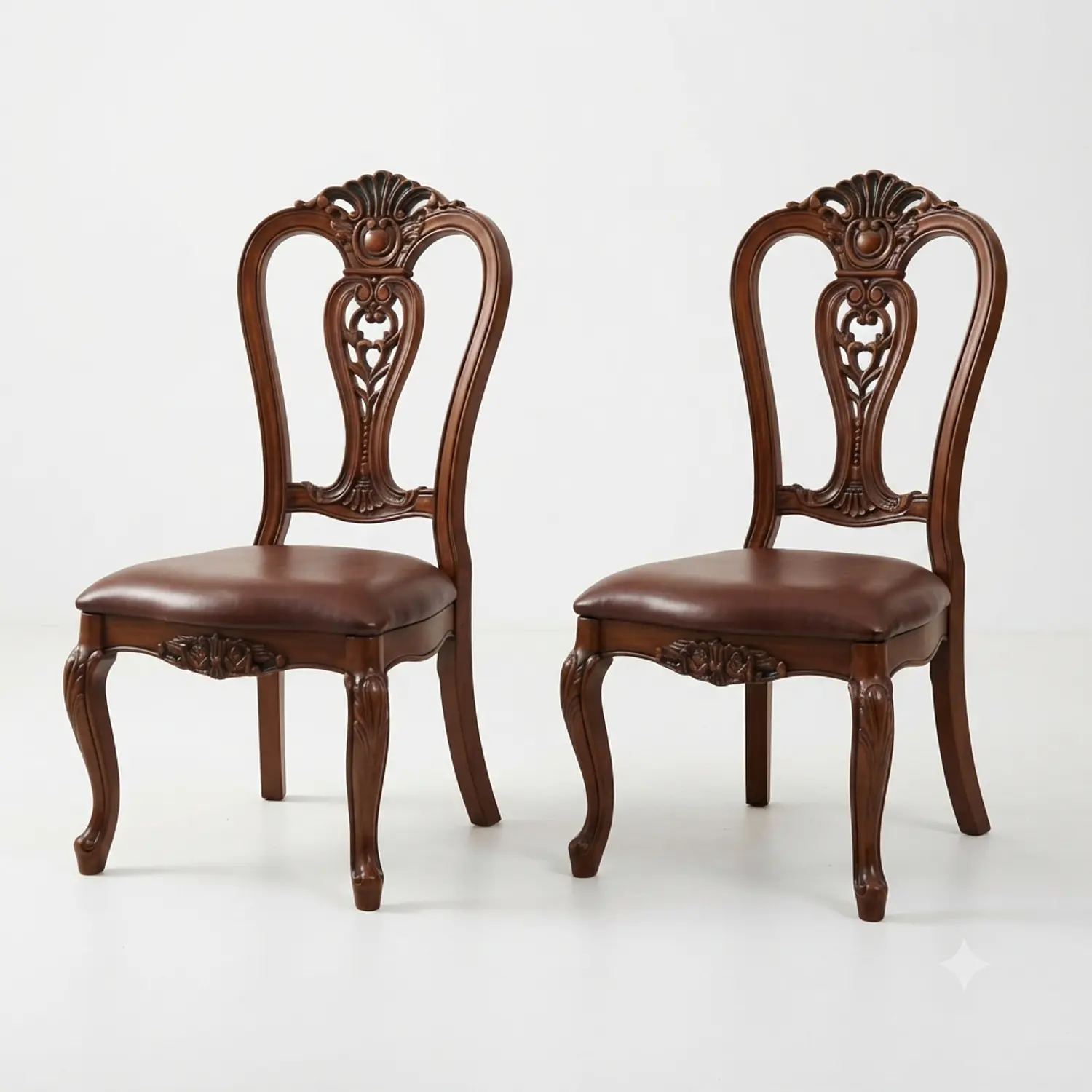 Set de 2 Sillas de Comedor Clásicas de Madera Caoba y Cuero 3