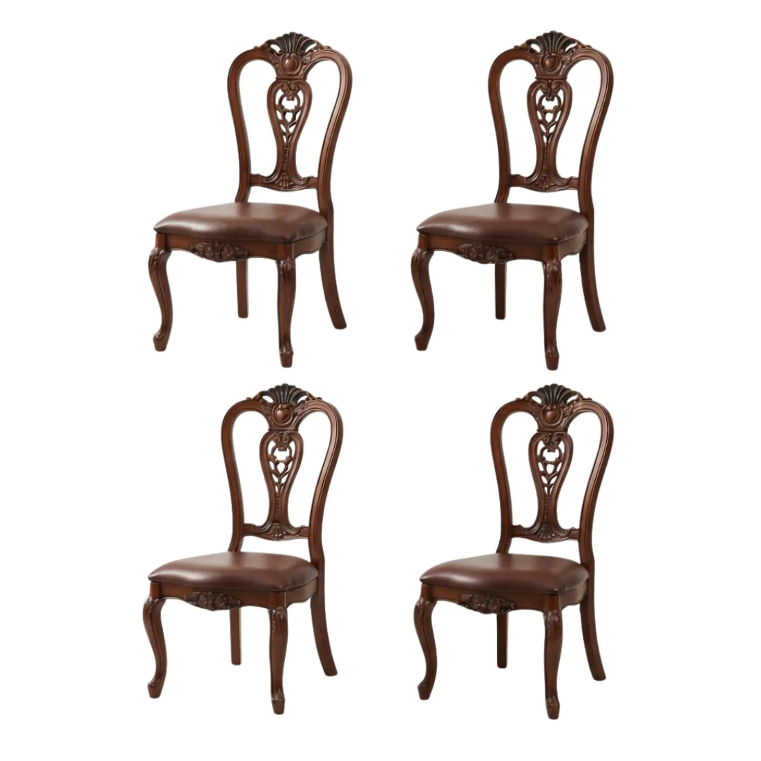 Set de 4 Sillas de Comedor Clásicas de Madera Caoba y Cuero 3