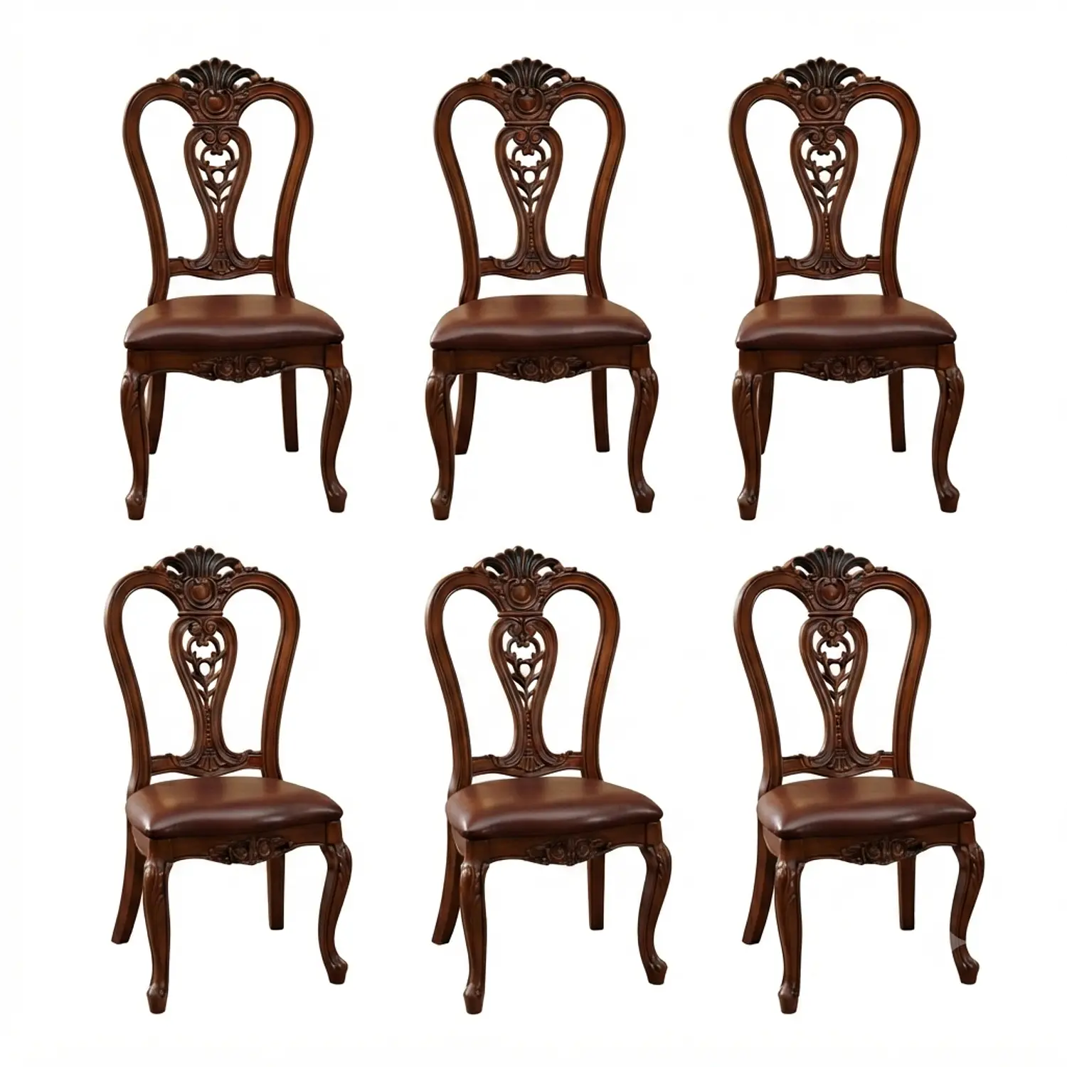 Set de 6 Sillas de Comedor Clásicas de Madera Caoba y Cuero 3
