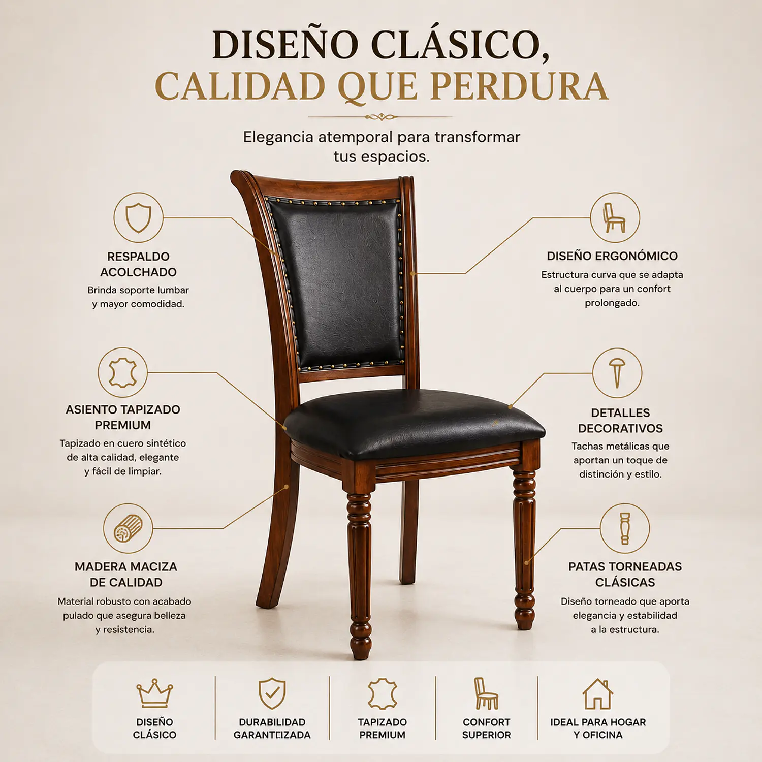 Set 6 Sillas de Comedor Lisboa en Madera Americana y Ecocuero 2
