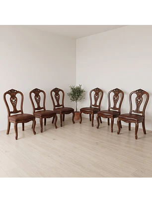 Set de 6 Sillas de Comedor Clásicas de Madera Caoba y Cuero