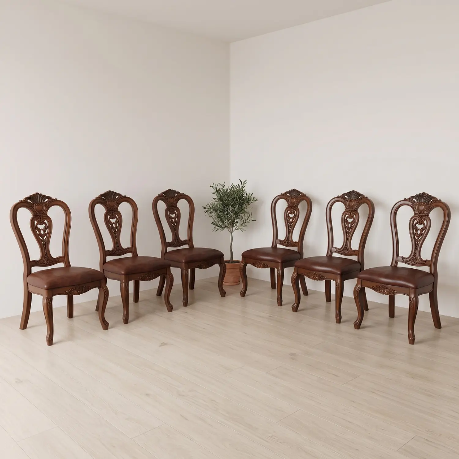 Set de 6 Sillas de Comedor Clásicas de Madera Caoba y Cuero 1