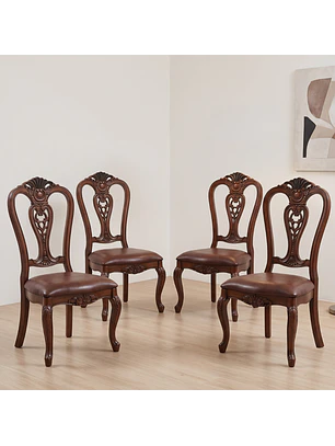 Set de 4 Sillas de Comedor Clásicas de Madera Caoba y Cuero