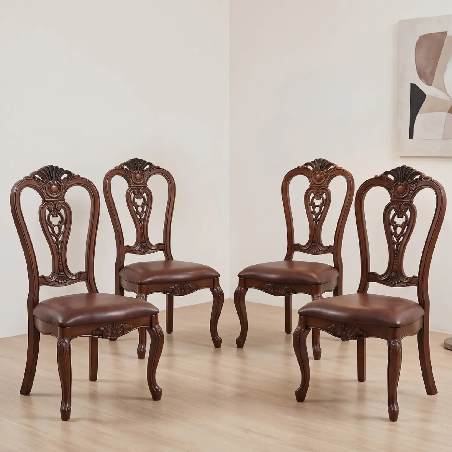 Set de 4 Sillas de Comedor Clásicas de Madera Caoba y Cuero 1