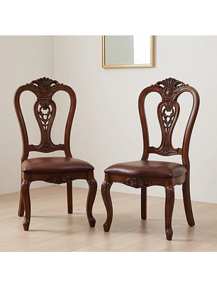 Set de 2 Sillas de Comedor Clásicas de Madera Caoba y Cuero