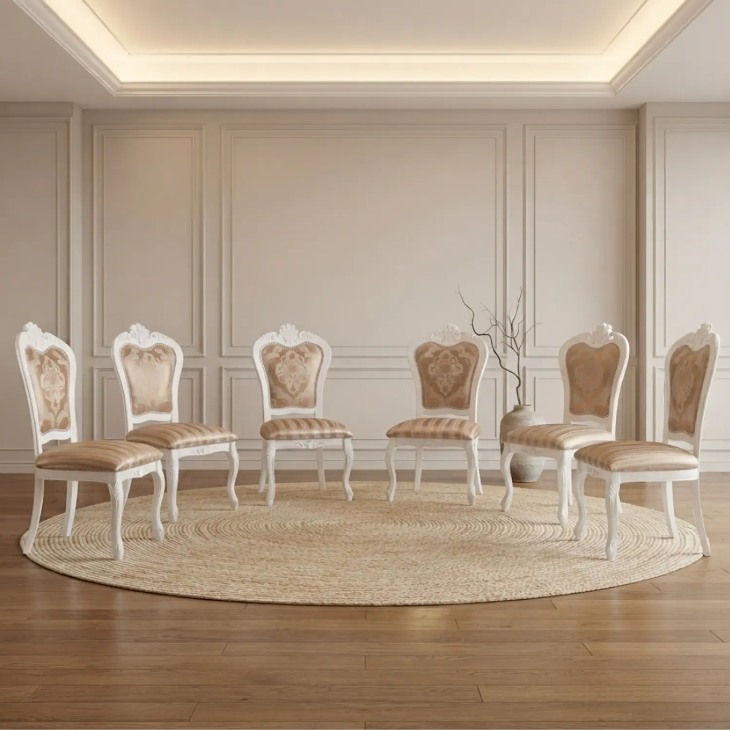 Set de 6 Sillas de Comedor Clásicas Blancas Tapizadas Estampadas 1