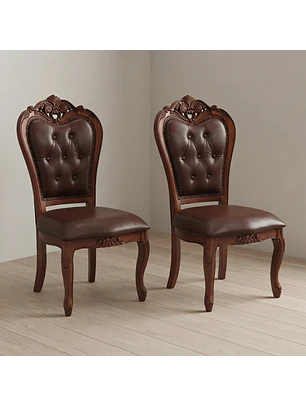 Set 2 Sillas de Comedor Clásicas Caoba Capitoné de Madera Tallada